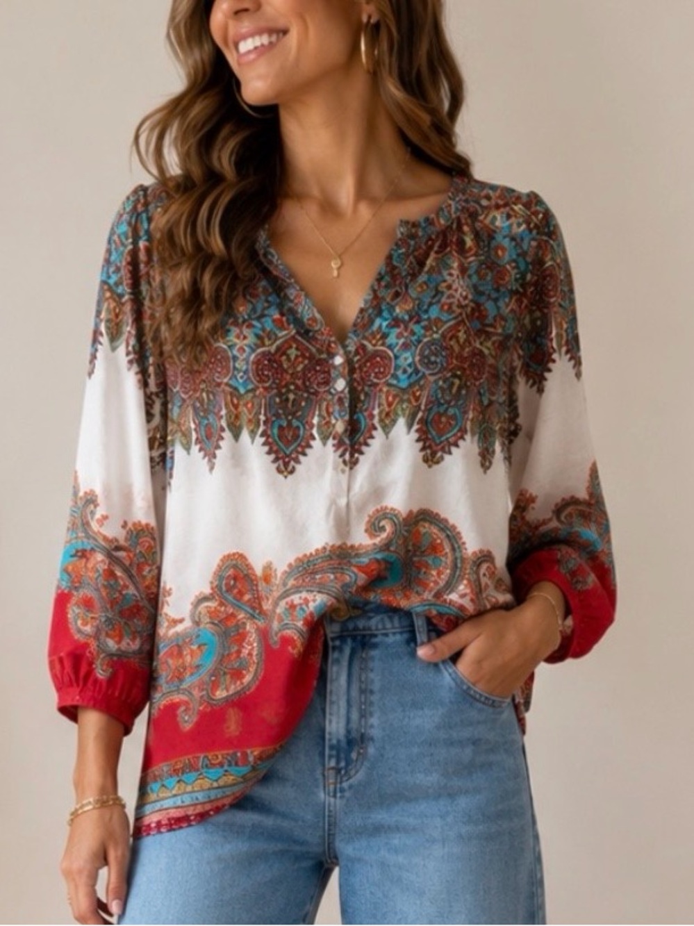Tommy Bahama White Blouse with Red & Turquoise Paisley Border